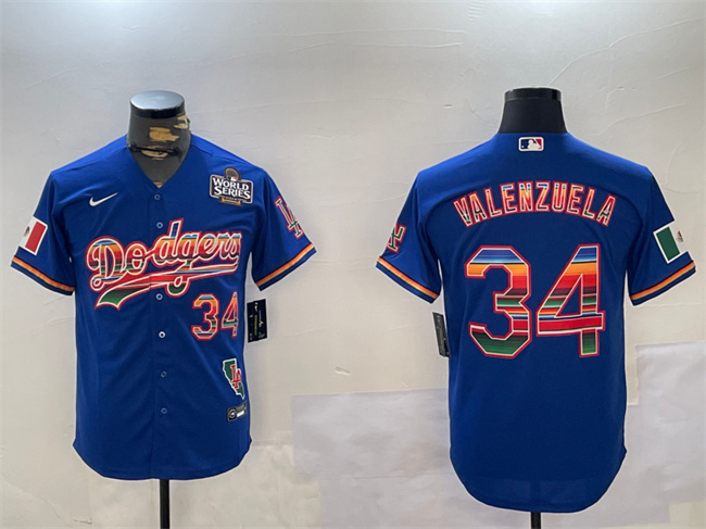 Men's Los Angeles Dodgers #34 Fernando Valenzuela Royal 2024 World Series Mexico California Patch Cool Base Stitched Baseball Jersey Men's Los Angeles Dodgers #34 Fernando Valenzuela Royal 2024 World Series Mexico California Patch Cool Base Stitched Baseball Jersey
